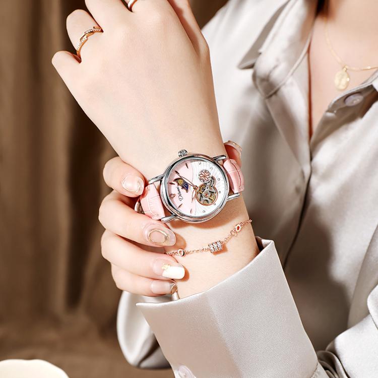 Dulunwe 6023C 30m Waterproof Fully Automatic Mechanical Watch, Rose Gold Leather Pink, Rose Gold Leather Green, Rose Gold Leather Red, Rose Gold Leather White, Natural Leather Pink, Natural Leather Green, Natural Leather Red, Natural Leather White