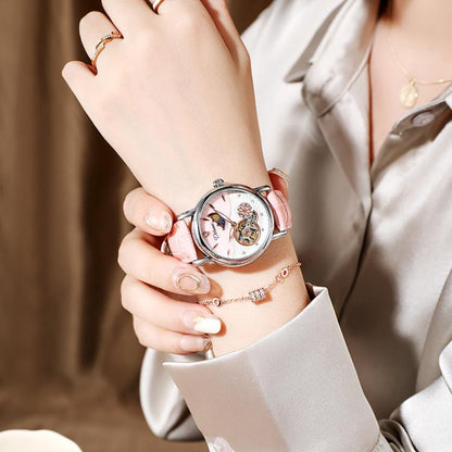 Dulunwe 6023C 30m Waterproof Fully Automatic Mechanical Watch, Rose Gold Leather Pink, Rose Gold Leather Green, Rose Gold Leather Red, Rose Gold Leather White, Natural Leather Pink, Natural Leather Green, Natural Leather Red, Natural Leather White
