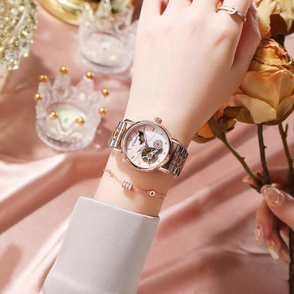 Dulunwe 6023C 30m Waterproof Fully Automatic Mechanical Watch, Rose Gold Leather Pink, Rose Gold Leather Green, Rose Gold Leather Red, Rose Gold Leather White, Natural Leather Pink, Natural Leather Green, Natural Leather Red, Natural Leather White
