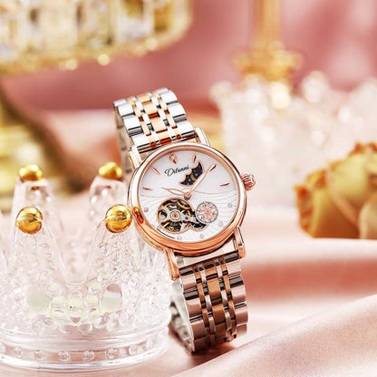 Dulunwe 6023C 30m Waterproof Fully Automatic Mechanical Watch, Rose Gold Leather Pink, Rose Gold Leather Green, Rose Gold Leather Red, Rose Gold Leather White, Natural Leather Pink, Natural Leather Green, Natural Leather Red, Natural Leather White