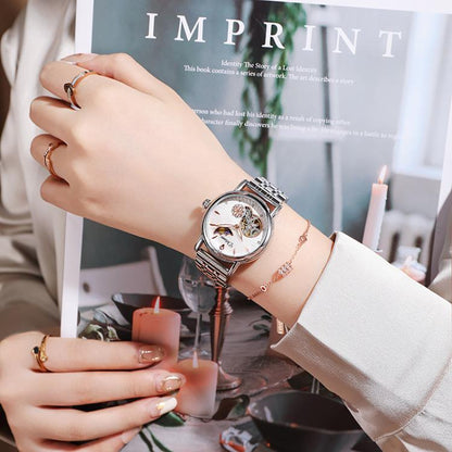 Dulunwe 6023C 30m Waterproof Fully Automatic Mechanical Watch, Rose Gold Leather Pink, Rose Gold Leather Green, Rose Gold Leather Red, Rose Gold Leather White, Natural Leather Pink, Natural Leather Green, Natural Leather Red, Natural Leather White
