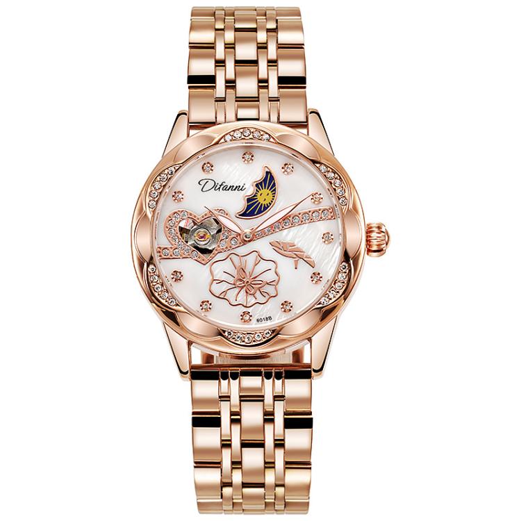 Dulunwe 6018B 30m Waterproof Luminous Automatic Mechanical Watch, Steel Strap White, Steel Strap Pink, Mesh Strap White, Mesh Strap Pink, White Leather Strap, Pink Leather Strap, Red Leather Strap, Black Leather Strap