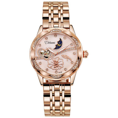 Dulunwe 6018B 30m Waterproof Luminous Automatic Mechanical Watch, Steel Strap White, Steel Strap Pink, Mesh Strap White, Mesh Strap Pink, White Leather Strap, Pink Leather Strap, Red Leather Strap, Black Leather Strap