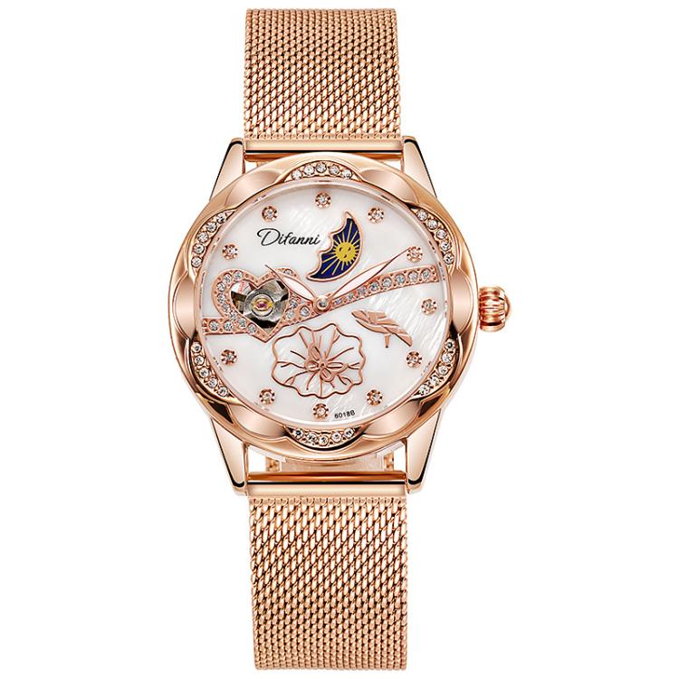 Dulunwe 6018B 30m Waterproof Luminous Automatic Mechanical Watch, Steel Strap White, Steel Strap Pink, Mesh Strap White, Mesh Strap Pink, White Leather Strap, Pink Leather Strap, Red Leather Strap, Black Leather Strap