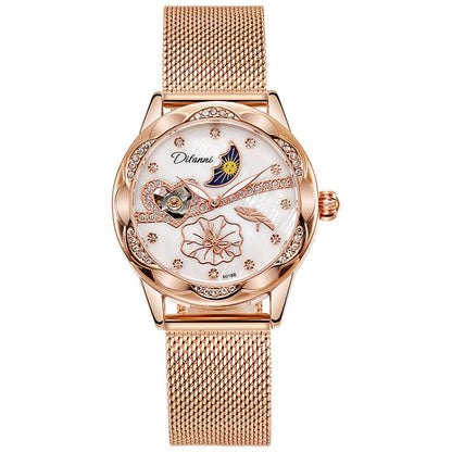 Dulunwe 6018B 30m Waterproof Luminous Automatic Mechanical Watch, Steel Strap White, Steel Strap Pink, Mesh Strap White, Mesh Strap Pink, White Leather Strap, Pink Leather Strap, Red Leather Strap, Black Leather Strap