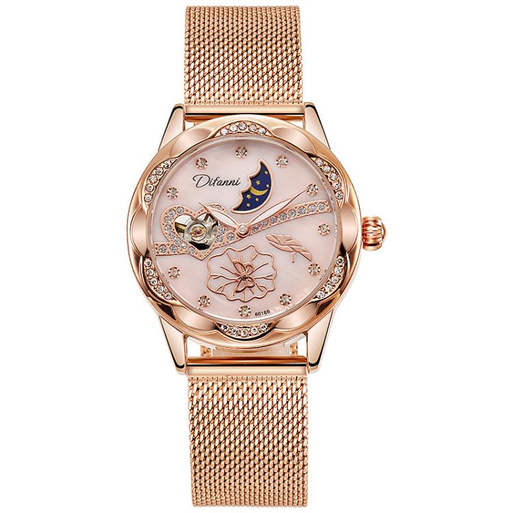 Dulunwe 6018B 30m Waterproof Luminous Automatic Mechanical Watch, Steel Strap White, Steel Strap Pink, Mesh Strap White, Mesh Strap Pink, White Leather Strap, Pink Leather Strap, Red Leather Strap, Black Leather Strap