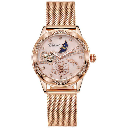 Dulunwe 6018B 30m Waterproof Luminous Automatic Mechanical Watch, Steel Strap White, Steel Strap Pink, Mesh Strap White, Mesh Strap Pink, White Leather Strap, Pink Leather Strap, Red Leather Strap, Black Leather Strap