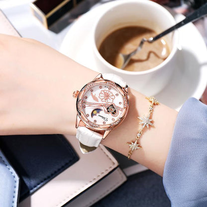 Dulunwe 6018B 30m Waterproof Luminous Automatic Mechanical Watch, Steel Strap White, Steel Strap Pink, Mesh Strap White, Mesh Strap Pink, White Leather Strap, Pink Leather Strap, Red Leather Strap, Black Leather Strap