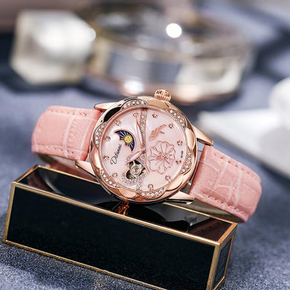 Dulunwe 6018B 30m Waterproof Luminous Automatic Mechanical Watch, Steel Strap White, Steel Strap Pink, Mesh Strap White, Mesh Strap Pink, White Leather Strap, Pink Leather Strap, Red Leather Strap, Black Leather Strap
