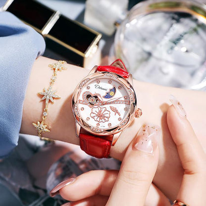 Dulunwe 6018B 30m Waterproof Luminous Automatic Mechanical Watch, Steel Strap White, Steel Strap Pink, Mesh Strap White, Mesh Strap Pink, White Leather Strap, Pink Leather Strap, Red Leather Strap, Black Leather Strap