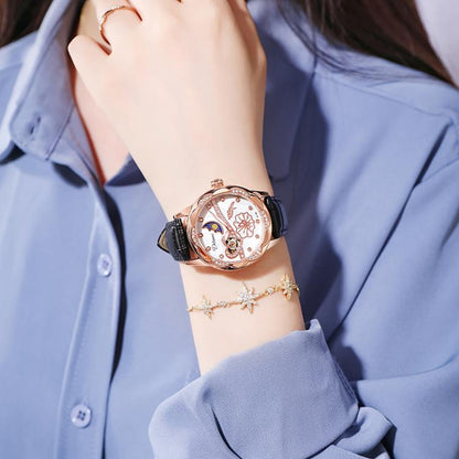 Dulunwe 6018B 30m Waterproof Luminous Automatic Mechanical Watch, Steel Strap White, Steel Strap Pink, Mesh Strap White, Mesh Strap Pink, White Leather Strap, Pink Leather Strap, Red Leather Strap, Black Leather Strap