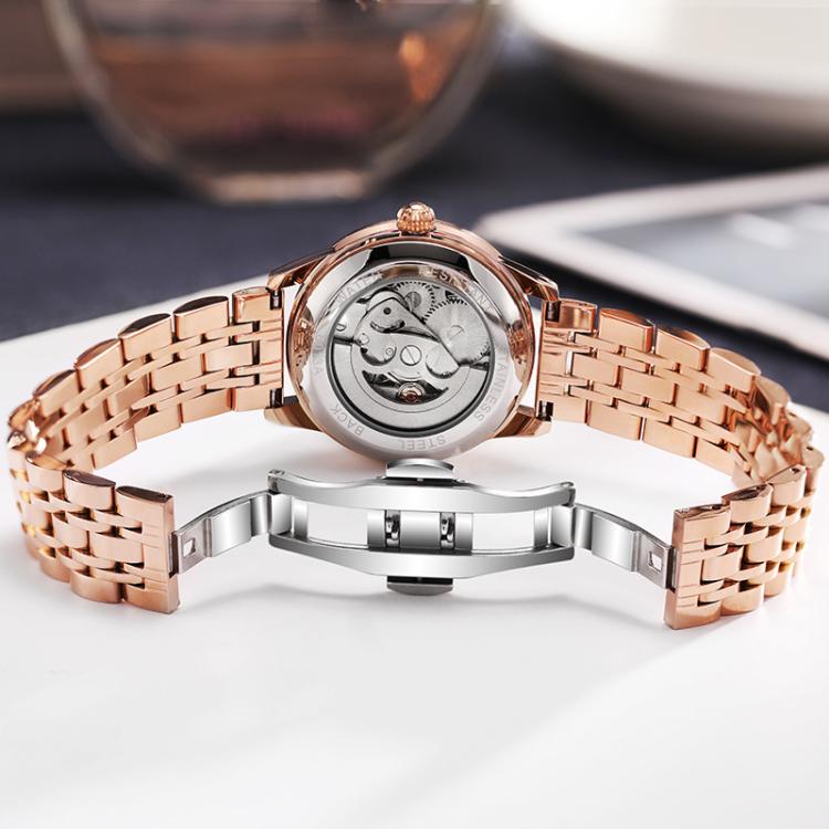 Dulunwe 6018B 30m Waterproof Luminous Automatic Mechanical Watch, Steel Strap White, Steel Strap Pink, Mesh Strap White, Mesh Strap Pink, White Leather Strap, Pink Leather Strap, Red Leather Strap, Black Leather Strap
