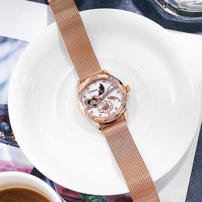 Dulunwe 6018B 30m Waterproof Luminous Automatic Mechanical Watch, Steel Strap White, Steel Strap Pink, Mesh Strap White, Mesh Strap Pink, White Leather Strap, Pink Leather Strap, Red Leather Strap, Black Leather Strap