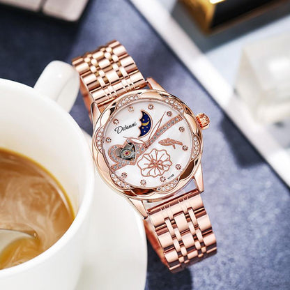 Dulunwe 6018B 30m Waterproof Luminous Automatic Mechanical Watch, Steel Strap White, Steel Strap Pink, Mesh Strap White, Mesh Strap Pink, White Leather Strap, Pink Leather Strap, Red Leather Strap, Black Leather Strap