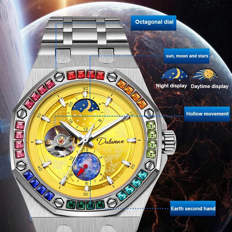 Dulunwe 6030F 30m Waterproof Luminous Mechanical Watch, Steel Strap Orange, Steel Strap Light Blue, Steel Strap Yellow, Steel Strap Black, Silicone Strap Black, Silicone Strap Light Blue, Silicone Strap Orange, Silicone Strap Yellow