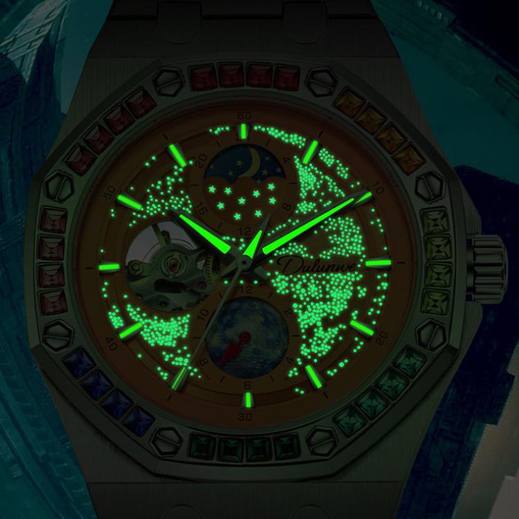 Dulunwe 6030F 30m Waterproof Luminous Mechanical Watch, Steel Strap Orange, Steel Strap Light Blue, Steel Strap Yellow, Steel Strap Black, Silicone Strap Black, Silicone Strap Light Blue, Silicone Strap Orange, Silicone Strap Yellow