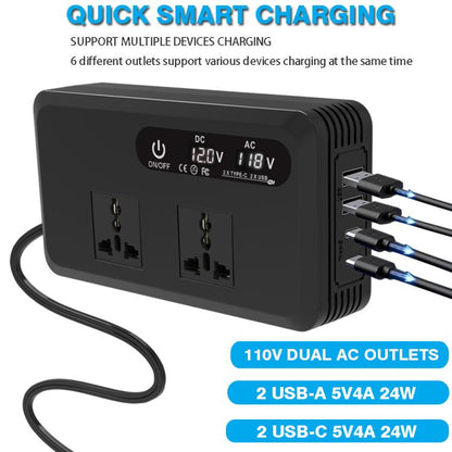 Gurxun Dual Digital Display Car Inverter With 2 USB+2 Type-C Ports, Universal Plug 220V, Universal Plug 110V, Brazil Plug 220V, Brazil Plug 110V, US Plug 110V