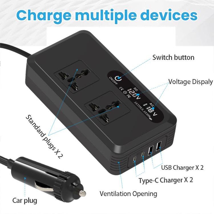 Gurxun Dual Digital Display Car Inverter With 2 USB+2 Type-C Ports, Universal Plug 220V, Universal Plug 110V, Brazil Plug 220V, Brazil Plug 110V, US Plug 110V