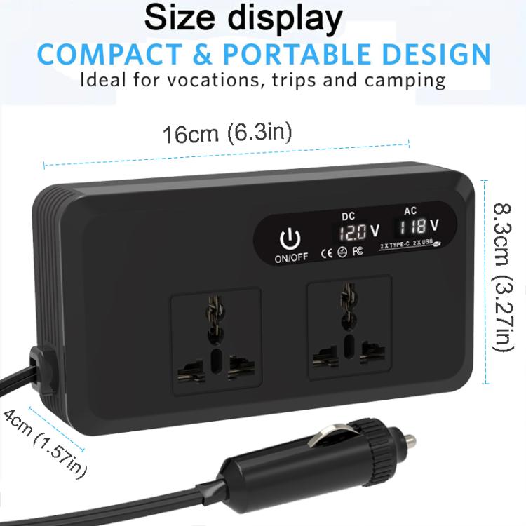Gurxun Dual Digital Display Car Inverter With 2 USB+2 Type-C Ports, Universal Plug 220V, Universal Plug 110V, Brazil Plug 220V, Brazil Plug 110V, US Plug 110V