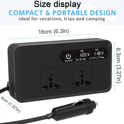 Gurxun Dual Digital Display Car Inverter With 2 USB+2 Type-C Ports, Universal Plug 220V, Universal Plug 110V, Brazil Plug 220V, Brazil Plug 110V, US Plug 110V