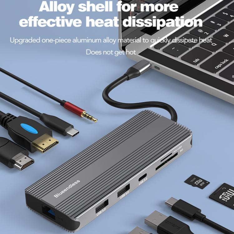 Blueendless Multifunctional Type-C HD Gigabit Network Docking Station, 10-in-1 DP+HDMI Dual 8K, 10-in-1 Dual HDMI 8K+4K