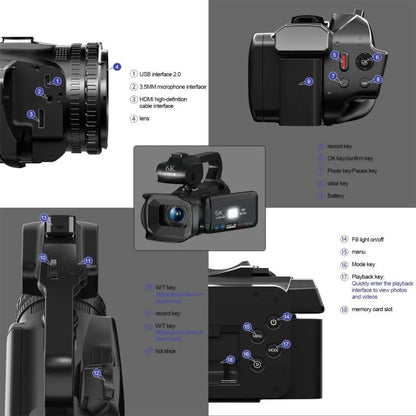 64MP 6K 18X Digital Zoom Ultra HD Video Camera With 4-Inch Touch Screen Camcorder, 6K 16G, 6K 32G, 6K 64G