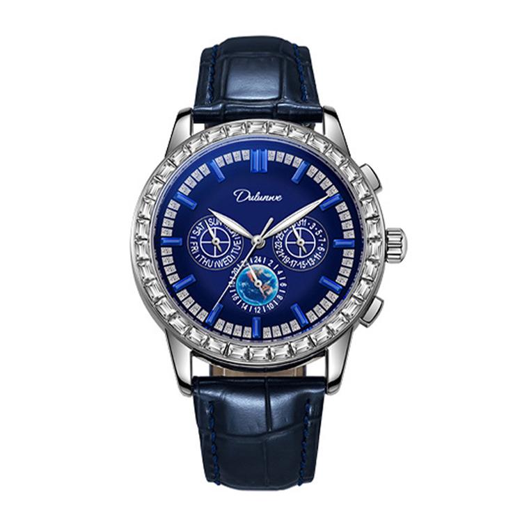 Dulunwe 30m Waterproof Luminous Zircon Automatic Mechanical Watch, 6050 Blue Leather Strap, 6050A Black Leather Strap, 6050 Blue Steel Strap, 6050A Black Steel Strap