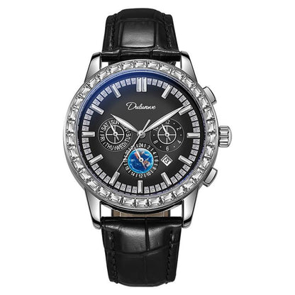 Dulunwe 30m Waterproof Luminous Zircon Automatic Mechanical Watch, 6050 Blue Leather Strap, 6050A Black Leather Strap, 6050 Blue Steel Strap, 6050A Black Steel Strap