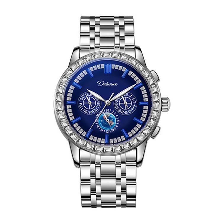 Dulunwe 30m Waterproof Luminous Zircon Automatic Mechanical Watch, 6050 Blue Leather Strap, 6050A Black Leather Strap, 6050 Blue Steel Strap, 6050A Black Steel Strap