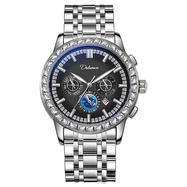 Dulunwe 30m Waterproof Luminous Zircon Automatic Mechanical Watch, 6050 Blue Leather Strap, 6050A Black Leather Strap, 6050 Blue Steel Strap, 6050A Black Steel Strap