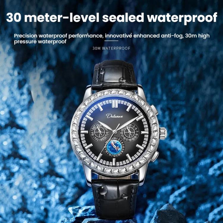 Dulunwe 30m Waterproof Luminous Zircon Automatic Mechanical Watch, 6050 Blue Leather Strap, 6050A Black Leather Strap, 6050 Blue Steel Strap, 6050A Black Steel Strap