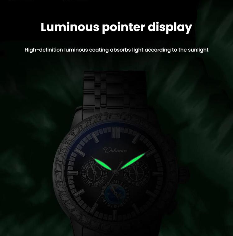 Dulunwe 30m Waterproof Luminous Zircon Automatic Mechanical Watch, 6050 Blue Leather Strap, 6050A Black Leather Strap, 6050 Blue Steel Strap, 6050A Black Steel Strap