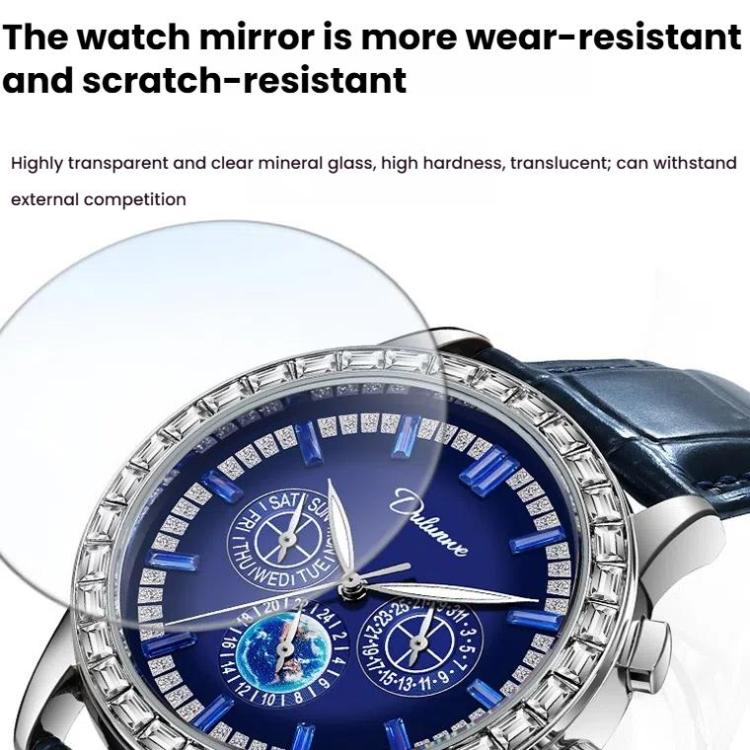 Dulunwe 30m Waterproof Luminous Zircon Automatic Mechanical Watch, 6050 Blue Leather Strap, 6050A Black Leather Strap, 6050 Blue Steel Strap, 6050A Black Steel Strap