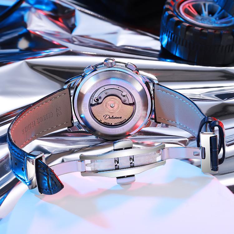 Dulunwe 30m Waterproof Luminous Zircon Automatic Mechanical Watch, 6050 Blue Leather Strap, 6050A Black Leather Strap, 6050 Blue Steel Strap, 6050A Black Steel Strap