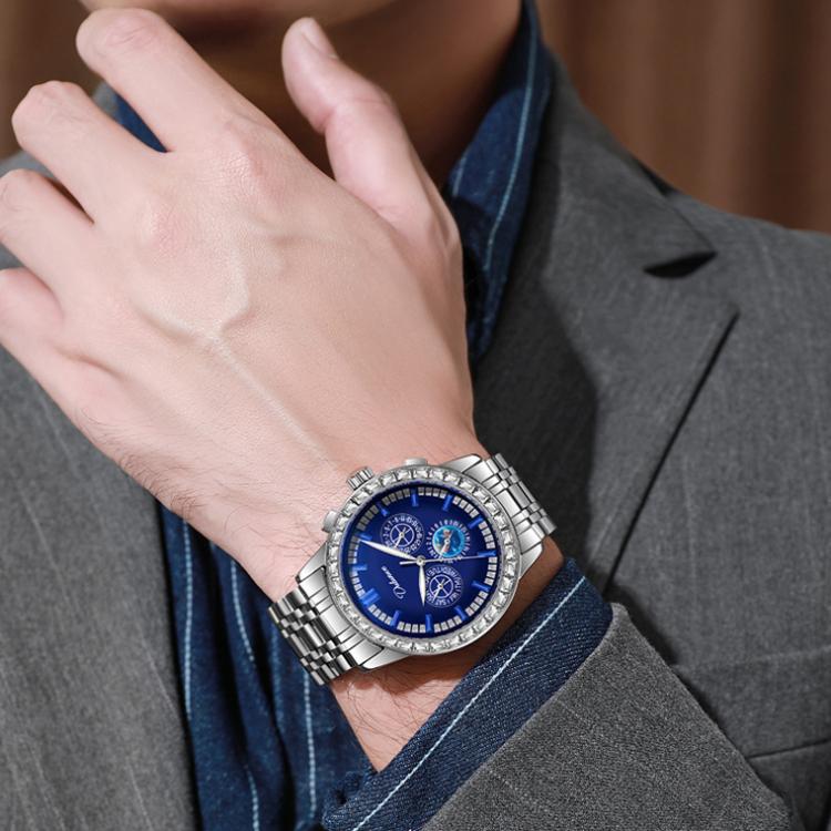 Dulunwe 30m Waterproof Luminous Zircon Automatic Mechanical Watch, 6050 Blue Leather Strap, 6050A Black Leather Strap, 6050 Blue Steel Strap, 6050A Black Steel Strap