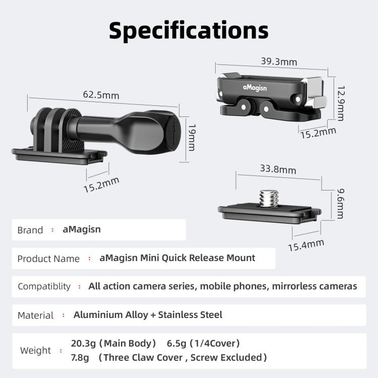 aMagisn Mini Quick Release Mount for Sports Cameras, 2-claw Base+1/4 Inch Cover, 2-claw Base+3-claw Cover, 1/4 Inch Base + 1/4 Inch Cover, 1/4 Inch Base+3-claw Cover, 2-claw Main Body, 1/4 Inch Main Body, 1/4 Upper Cover, 3-claw Upper Cover