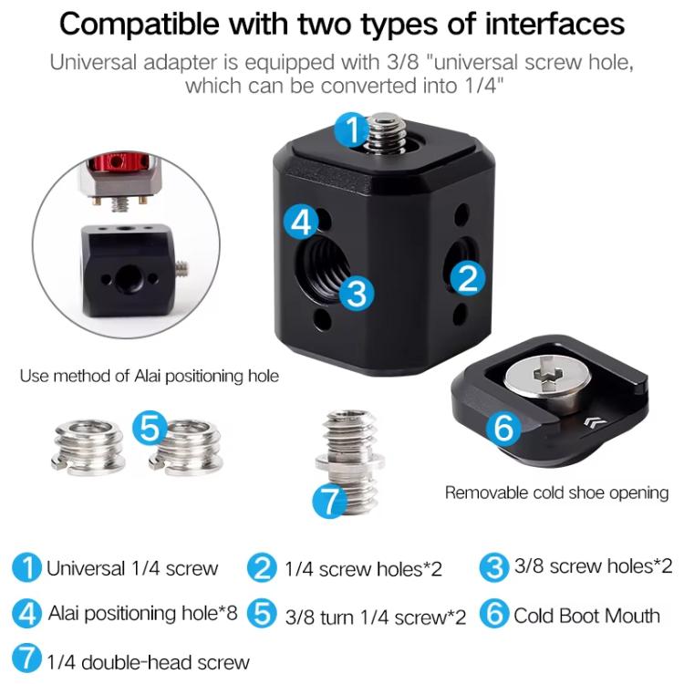XILETU Tripod Screw Hole Adapter with Cold Shoe 3/8 inch 1/4 inch Thread Holes ARRI Positioning Hole, XDS-12