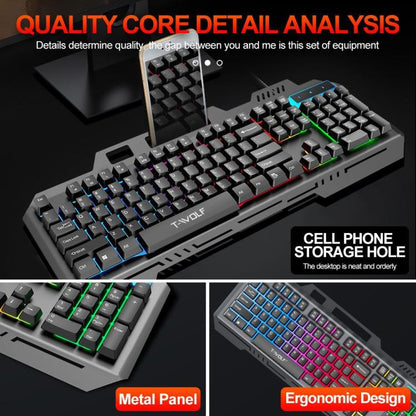 T-WOLF TF600 104-Key Wired Backlit Keyboard and Mouse Combo with Metal Panel & Phone Stand