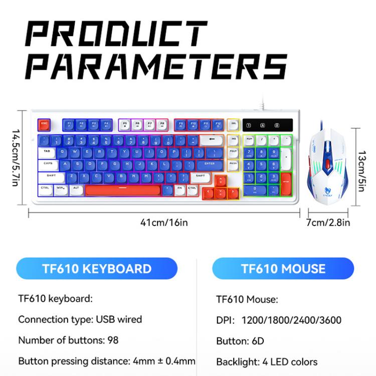 T-WOLF  TF610 USB-C/Type-C Wired 98 Keys Keyboard and Mouse Combo Dual-Tone Keycaps Gaming Set