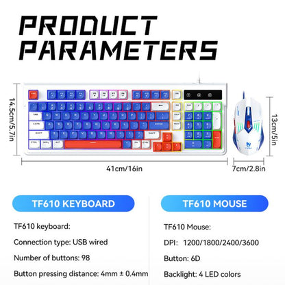 T-WOLF  TF610 USB-C/Type-C Wired 98 Keys Keyboard and Mouse Combo Dual-Tone Keycaps Gaming Set