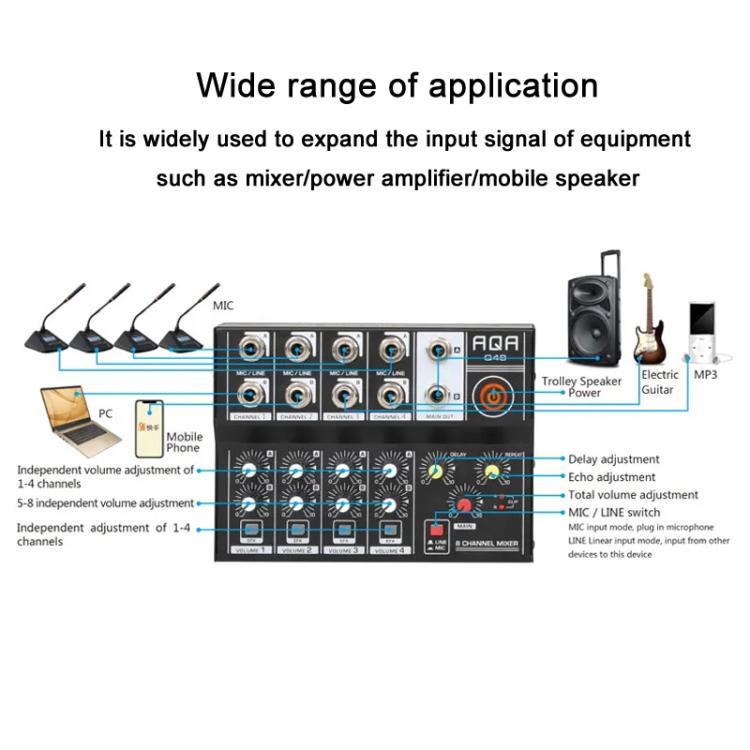 8 Channel Audio Mixer Console Stage Mixer Professional Digital Reverberator Effects Karaoke Live Equipment, Q48
