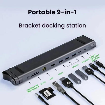 9 In 1 Hub Computer Stand Aluminum Alloy Folding PD Fast Charging With LAN Docking Station Laptop Bracket, 9 In 1 (Dark Metallic Color)