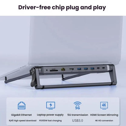 9 In 1 Hub Computer Stand Aluminum Alloy Folding PD Fast Charging With LAN Docking Station Laptop Bracket, 9 In 1 (Dark Metallic Color)