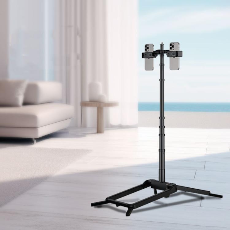 Adjustable 55-Inch Quadpod Live Streaming Phone Stand Foldable Tripod With Dual Phone Clip & 1/4 Inch Screw, YY-2