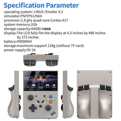R43 Pro Handheld Game Console 4K HD 4.3-Inch Screen Home Portable Video Game Player, Translucent Black 64G, Gray 64G, Translucent Black 128G, Gray 128G