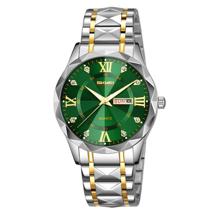 SKMEI Business Casual Watches Diamond Case Luminous Waterproof Quartz Watch, Men Silver Gold Strap Silver Dial, Men Silver Gold Strap Green Dial, Men Silver Gold Strap Black Dial, Men Silver Case Silver Dial, Men Silver Case Gray Dial