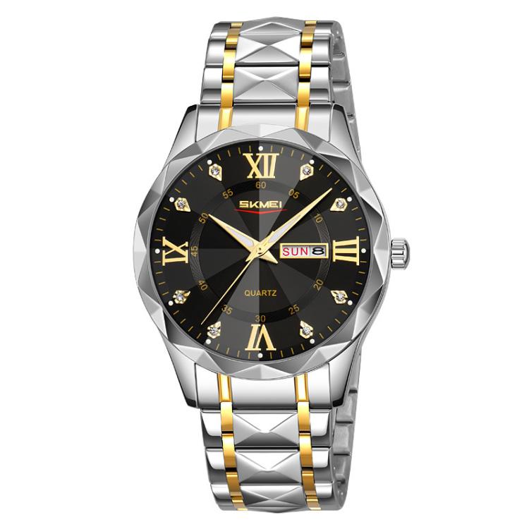 SKMEI Business Casual Watches Diamond Case Luminous Waterproof Quartz Watch, Men Silver Gold Strap Silver Dial, Men Silver Gold Strap Green Dial, Men Silver Gold Strap Black Dial, Men Silver Case Silver Dial, Men Silver Case Gray Dial