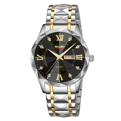 SKMEI Business Casual Watches Diamond Case Luminous Waterproof Quartz Watch, Men Silver Gold Strap Silver Dial, Men Silver Gold Strap Green Dial, Men Silver Gold Strap Black Dial, Men Silver Case Silver Dial, Men Silver Case Gray Dial