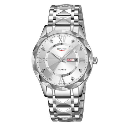SKMEI Business Casual Watches Diamond Case Luminous Waterproof Quartz Watch, Men Silver Gold Strap Silver Dial, Men Silver Gold Strap Green Dial, Men Silver Gold Strap Black Dial, Men Silver Case Silver Dial, Men Silver Case Gray Dial