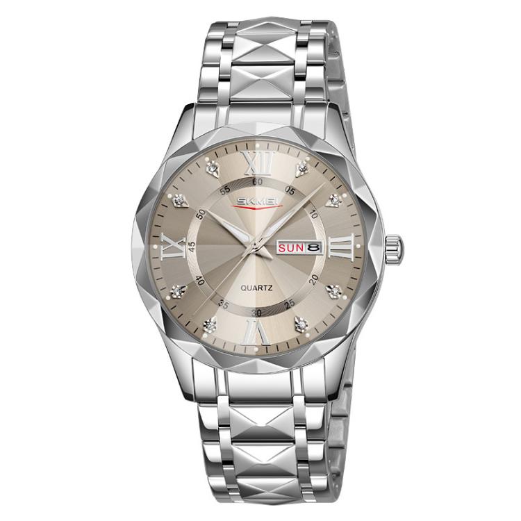 SKMEI Business Casual Watches Diamond Case Luminous Waterproof Quartz Watch, Men Silver Gold Strap Silver Dial, Men Silver Gold Strap Green Dial, Men Silver Gold Strap Black Dial, Men Silver Case Silver Dial, Men Silver Case Gray Dial